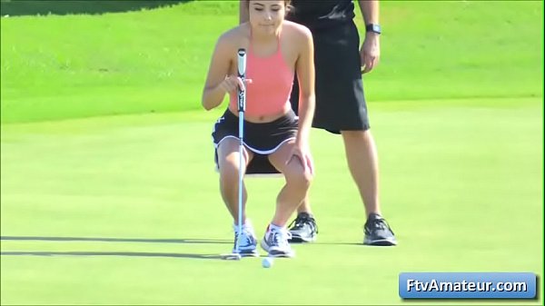 Sexy hot girl gets naked outdoor where people play golf