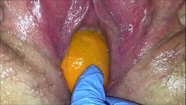 Tight pink pussy stretch open and gape by orange and apple intense fruit popping out of pink hole
