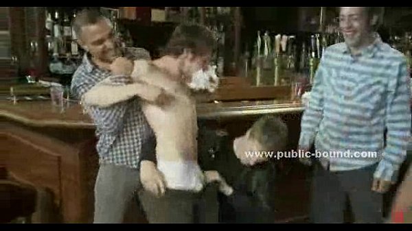 Strong sexy gay bartender punishing