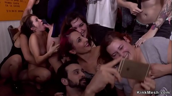 Lezdom public d. for brunette petite slut turns in crowded bar tormenting