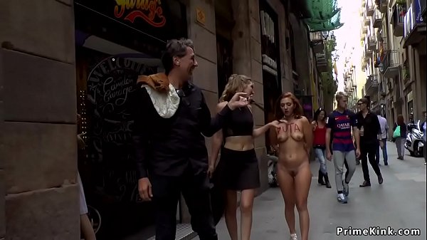 Spanish slave gets caned then walked on the streets naked till in fetish shop fucked