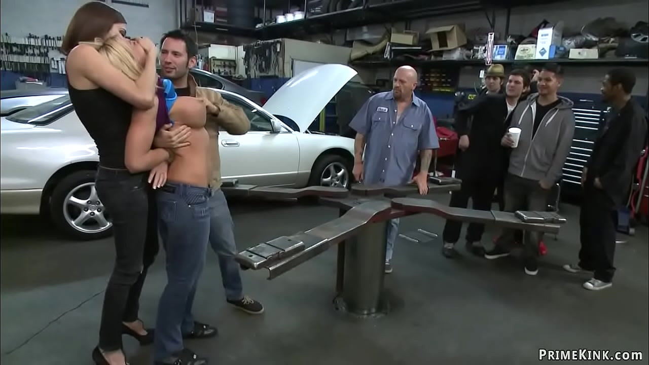 Princess Donna Dolore ties big tits sexy blonde Leya Falcon and drags her in public car body shop where big cock Tommy Pistol fucks her for crowd