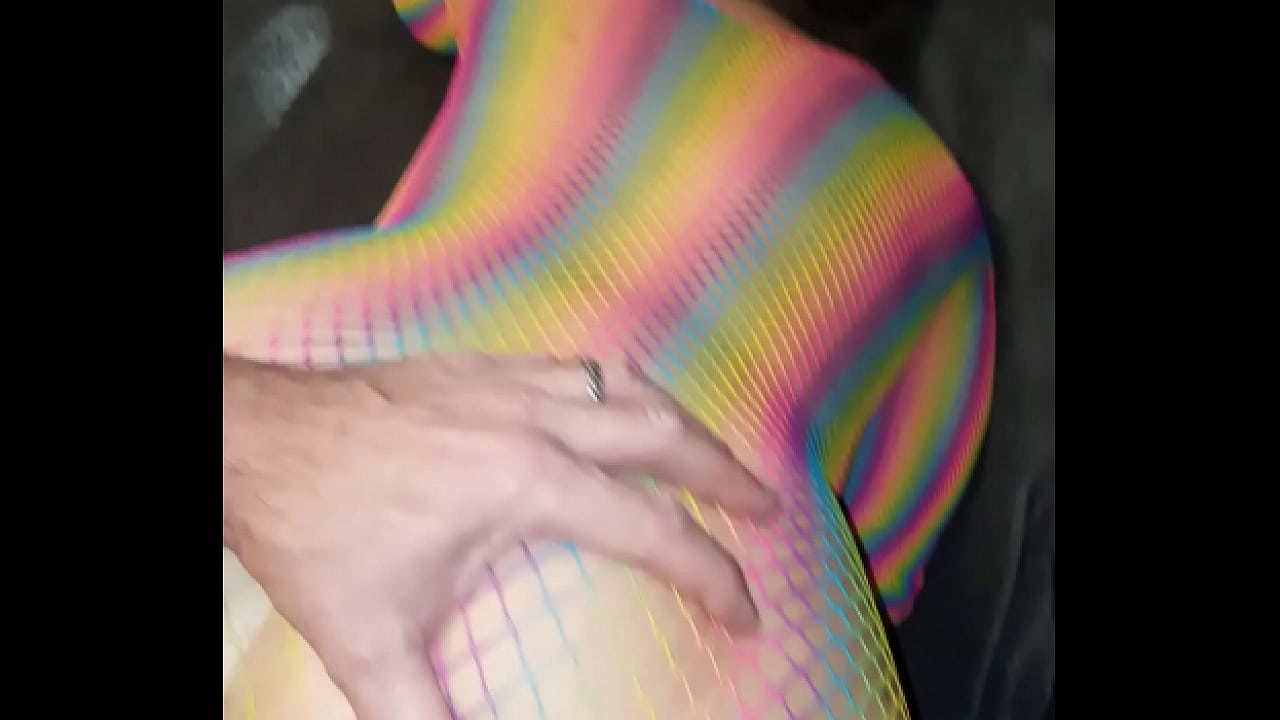 Wife gets hard cock for juicy pussy in rainbow fishnets
