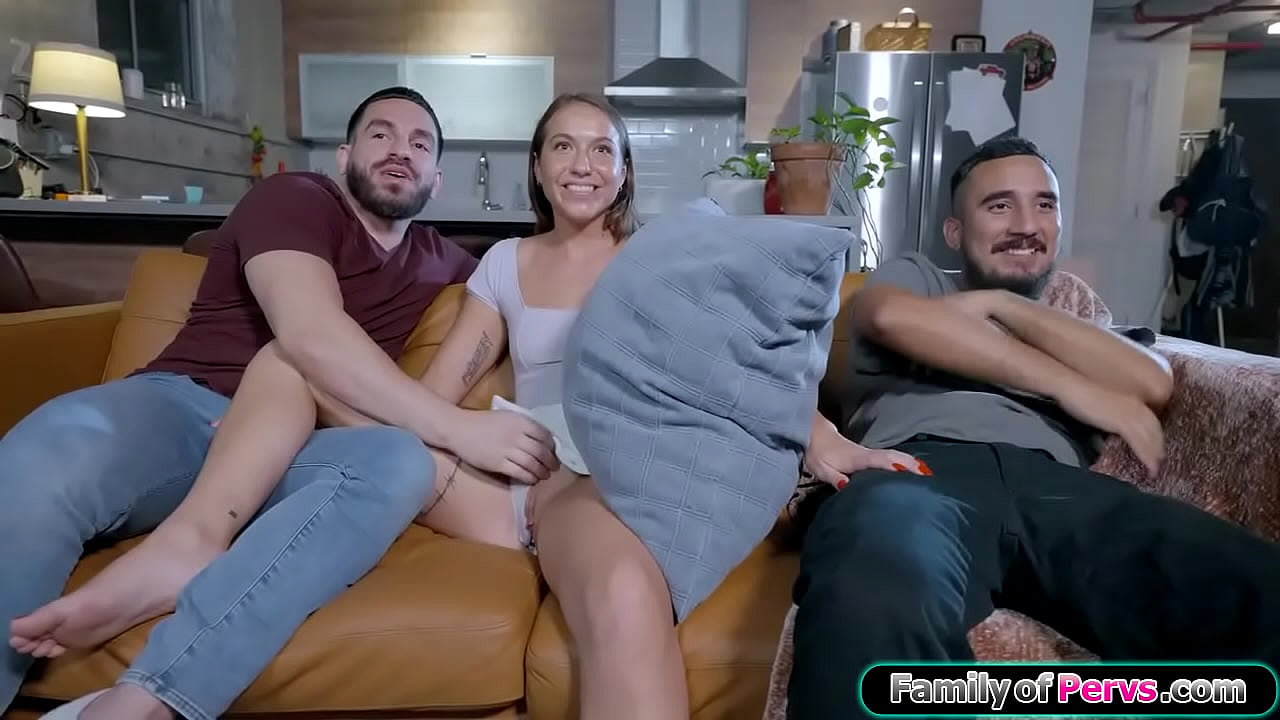 Familyofpervs.com - Stepbro fingers teen stepsisters shaved pussy next to her bf.The small tit babe sucks his cock behind her boyfriends back and when he leaves they fuck