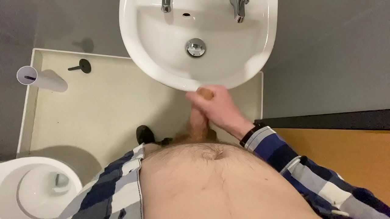 Pissing in public toilet's sink followed by a wank