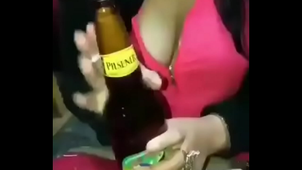 Licking beer foam after handjob for bottle