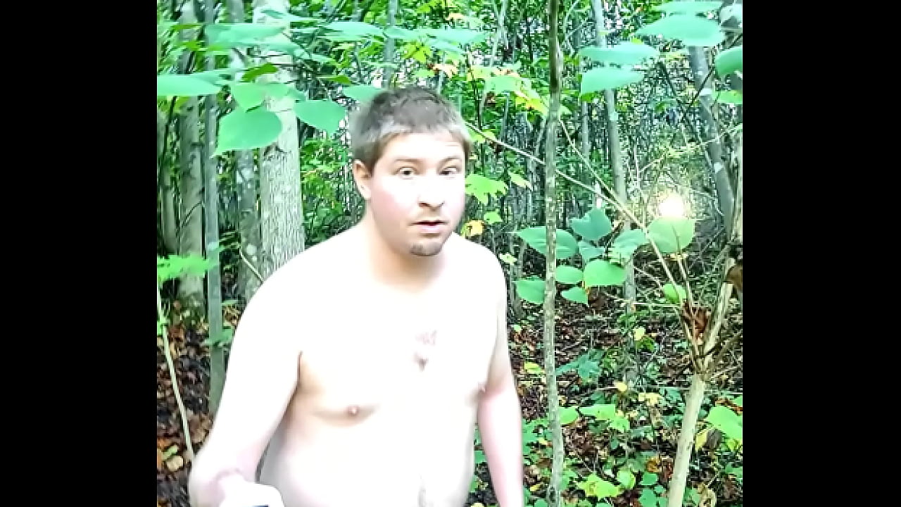 Nude man walks butt-ass naked/nude in public woods/forest and on public road as well as field, in view of neighbors, penis dangling, pubic hair, public nudity