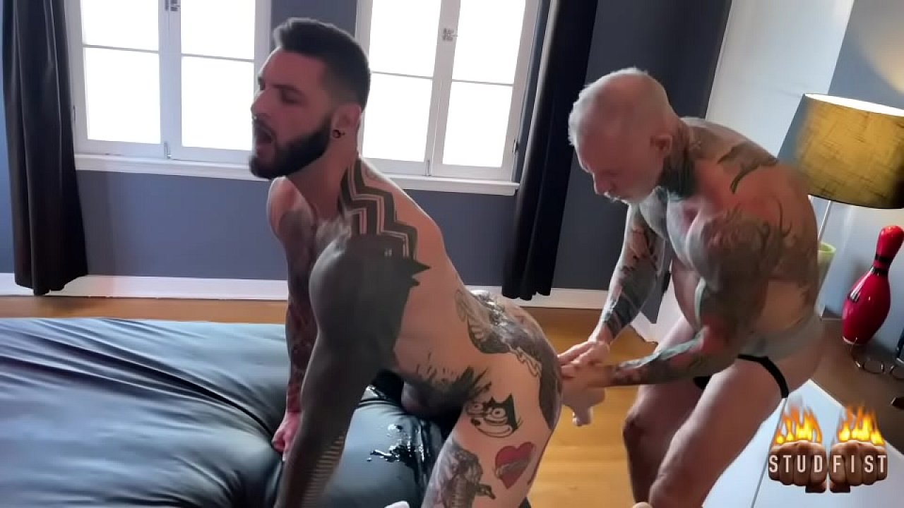 Tattooed fisting power bottom, Teddy Bryce, gets fisted by tattooed muscle Cory Jay