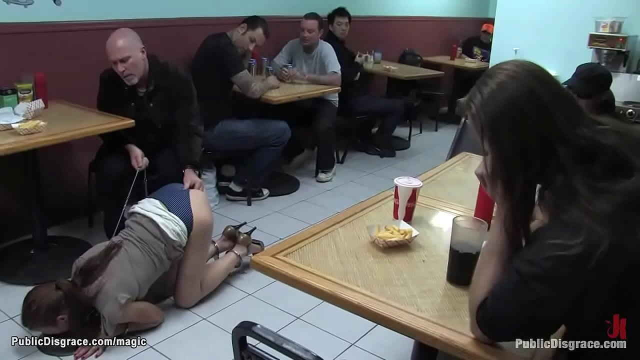 Dirty babe Delilah Knight broungt by Mark Davis and Princess Donna Dolore on a lesh in public restaurant where gets humiliated and fucked by big cocks