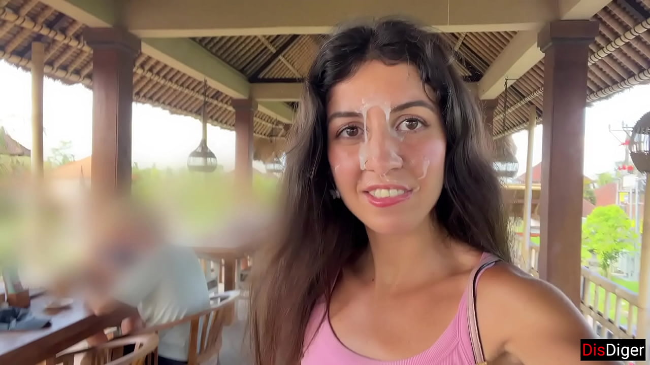 Cute Girl Eating Burger with Cum on Her Face in Public Cafe - Cumwalk