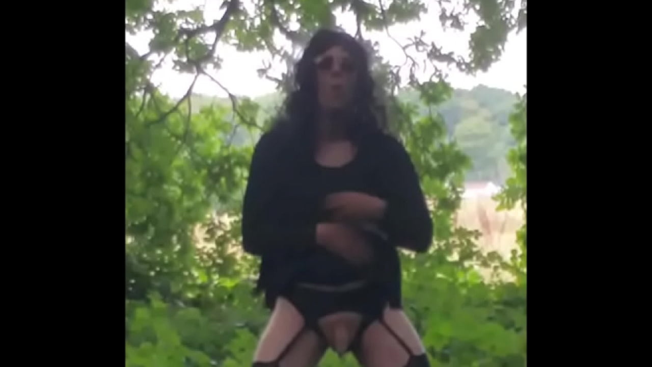 crossdresser shoots his load in the woods