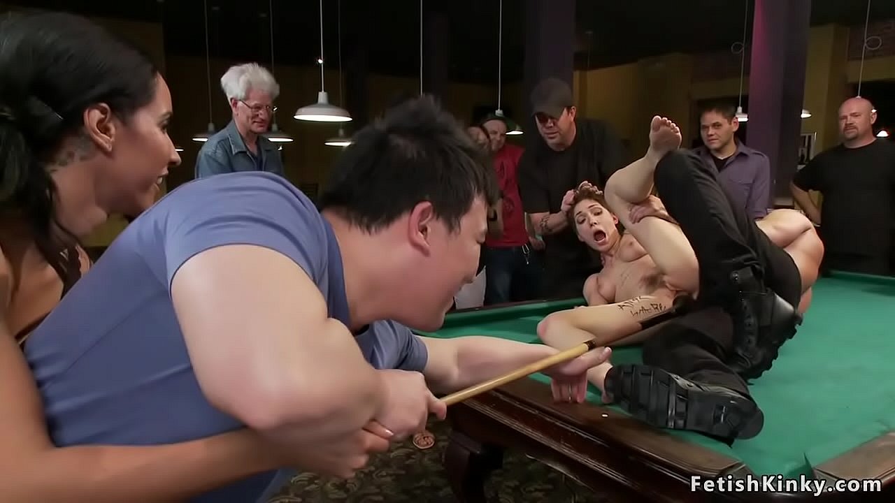 Blindfolded and zippered bound slut Lily LaBeau gets pussy fucked with dildo on a stick and big cock of Bill Bailey on pool table in public place