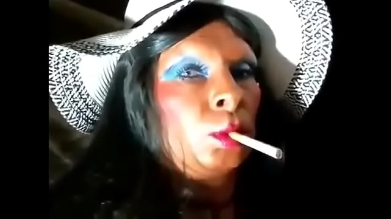 Crossdresser with slutty makeup smoking fetish