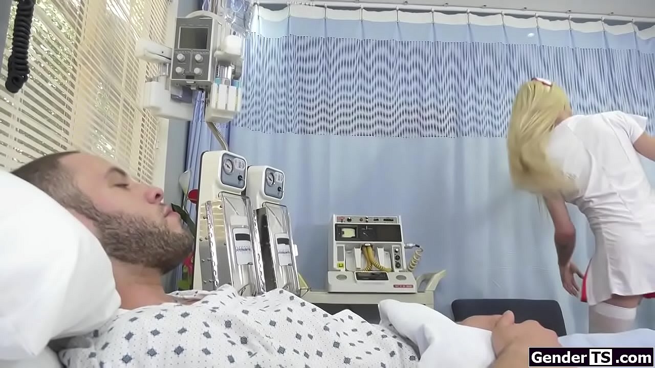 Small tits trans nurse Jenna Gargles checks up on her patient.When she turns around she sees hes jerking off on her.Shes turned on and decide to help him with that.She double jerks and he anals her