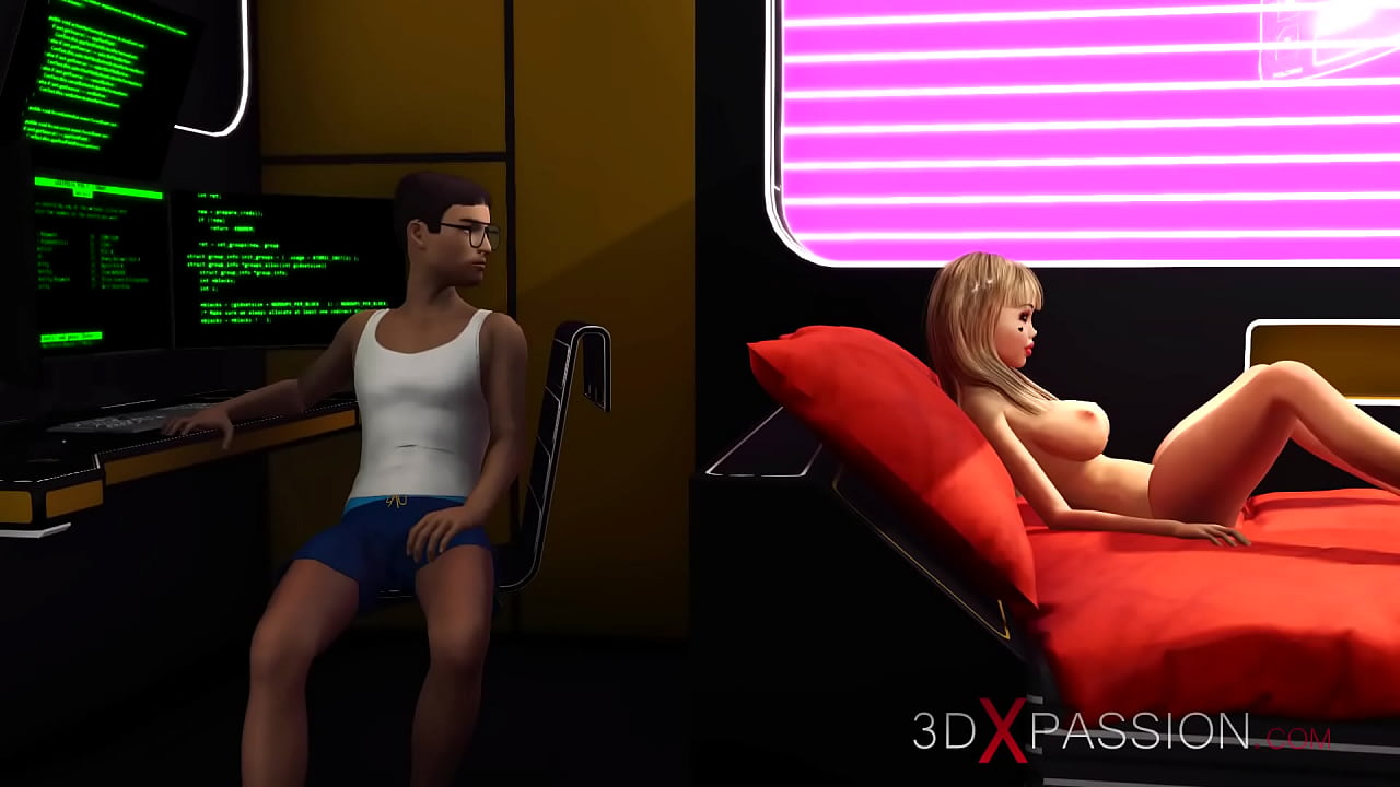 3d dickgirl android plays with a sexy young blonde in the sci-fi bedroom