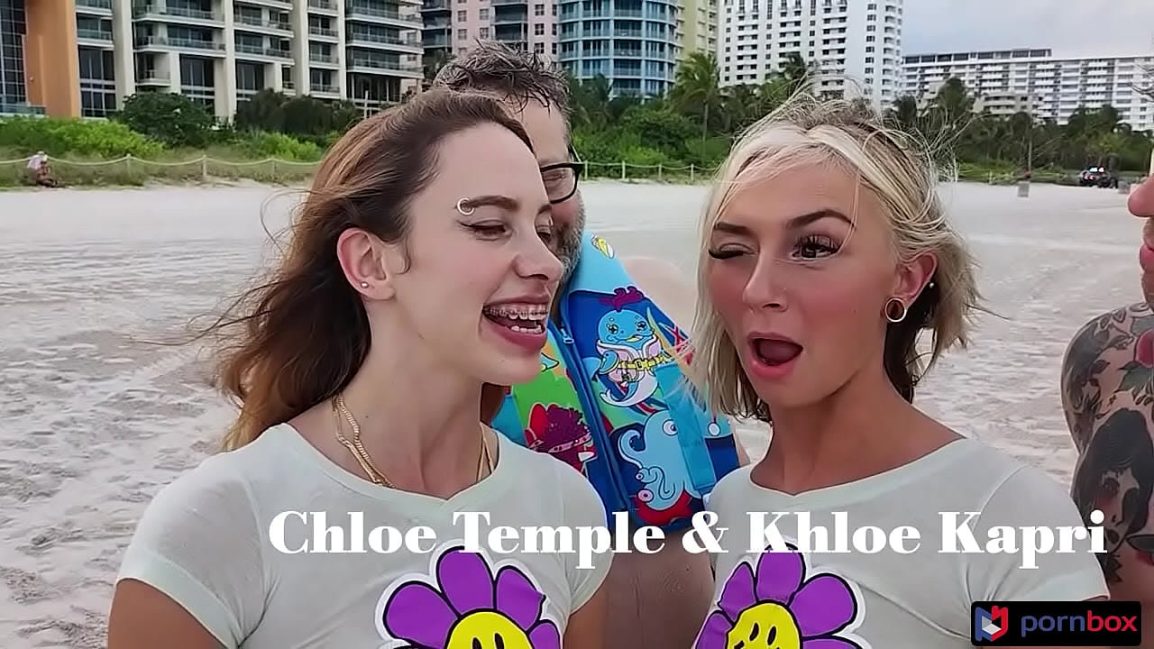 Beach bunny Kapri & Chloe Temple threesome in front of cuckold sugar daddy