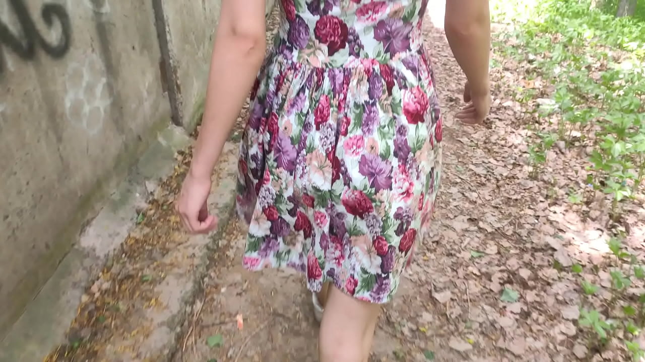 Sweet Babe in Cute Dress Sucking Dick Outdoor - Cum on Tits