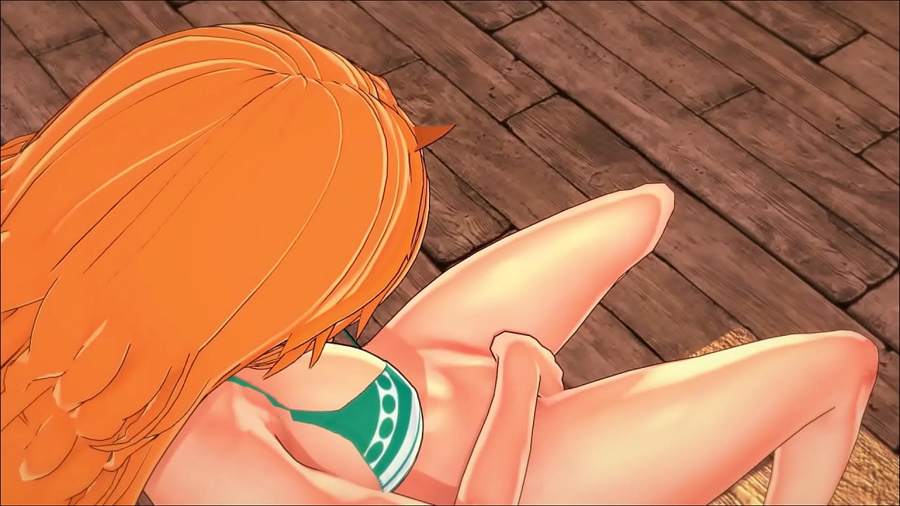 Nami rubs her pussy and masturbates. Uncensored Hentai.