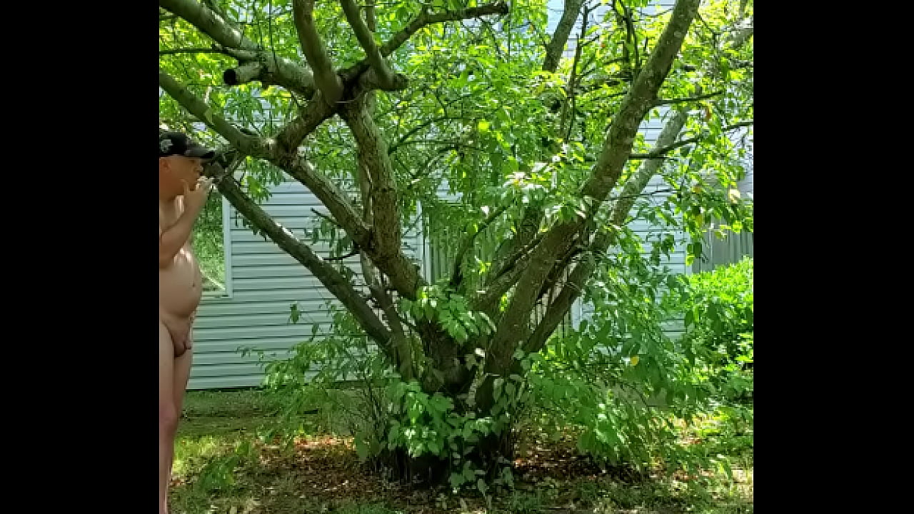 Old man nude in yard pissing smoking plays with small penis neighbors out