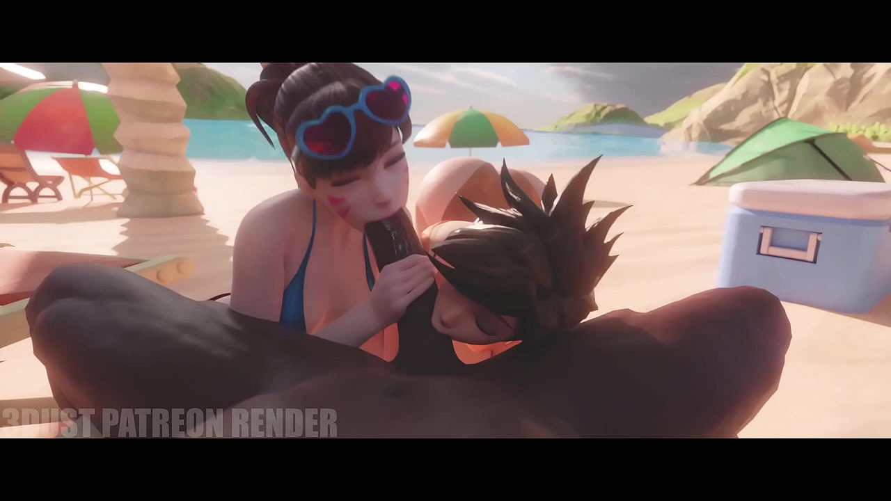 Tracer And D.va Blowing A Huge Cock making Him Cum In Her Mouth