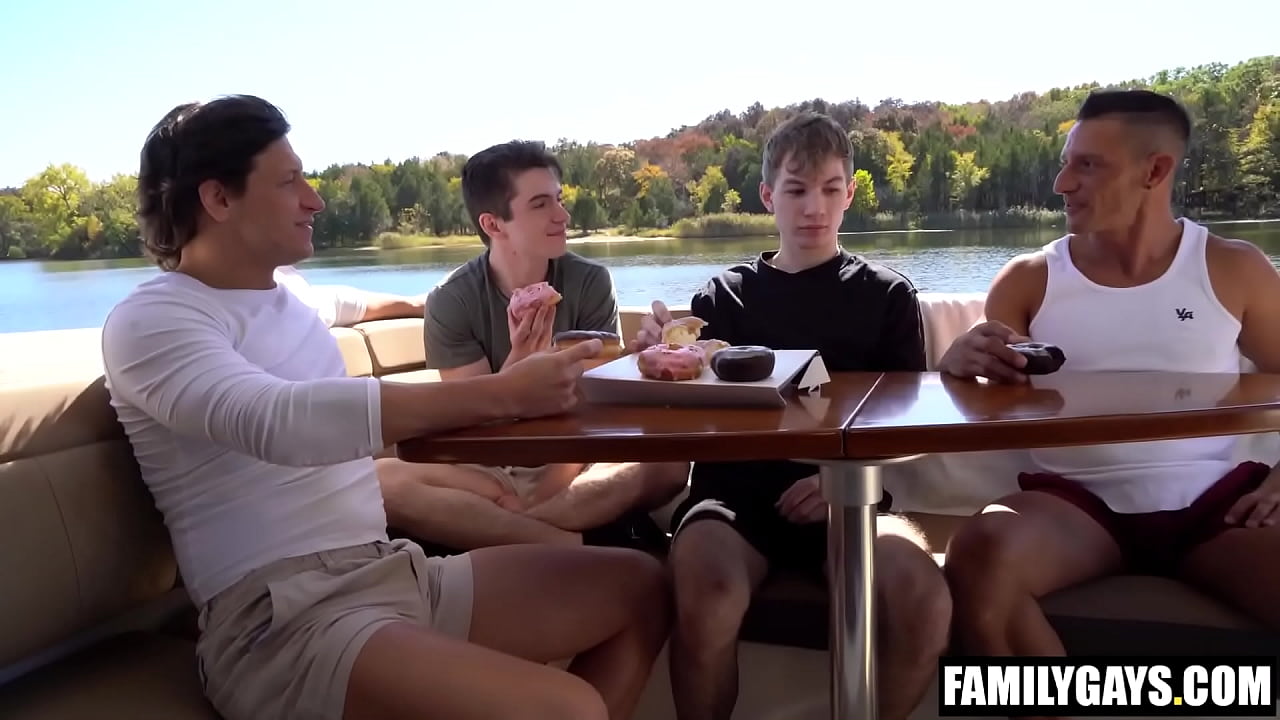 Stepdads having foursome gay sex with stepsons on a boat