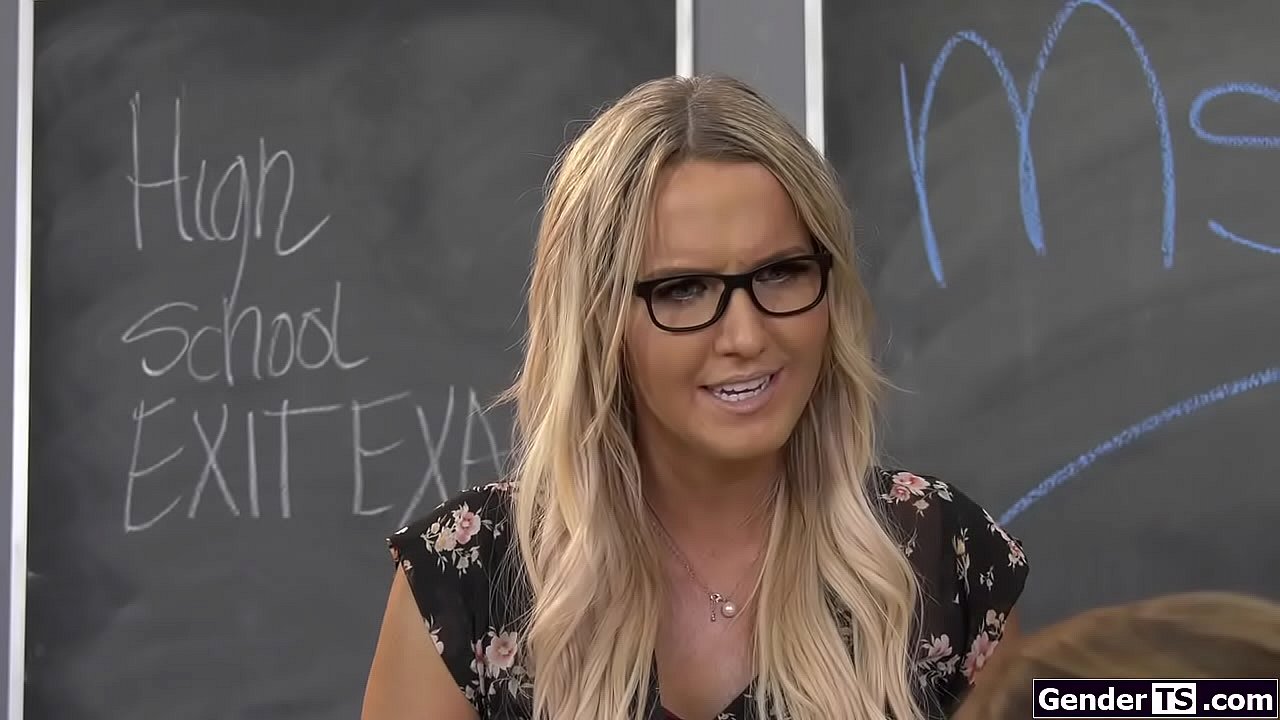 Big tits trans teacher Kayleigh Coxx helps her student with his hardon so he can make his test.She deepthroats and gets sucked before he barebacks her