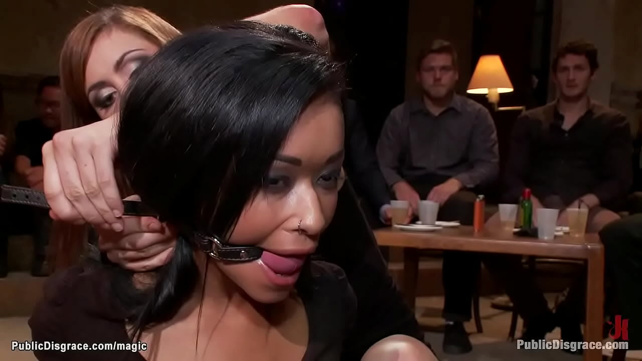 Tattooed little tanned slave Skin Diamond gets tied by dom Princess Donna Dolore then group mouth fucked by James Deen and strangers in public