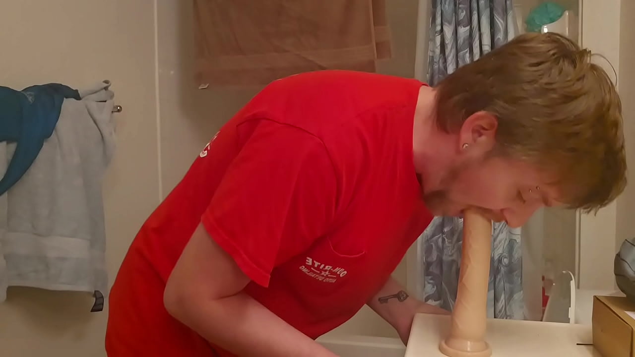 Sucking and deepthroating a big dildo