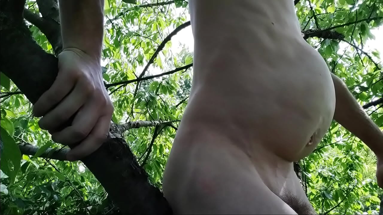 Nude tree climbing playing with belly