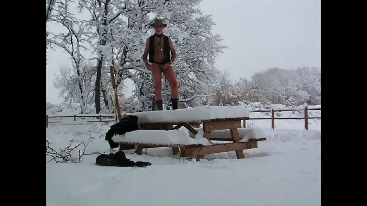 nu dans la neige sur une table de piquenique