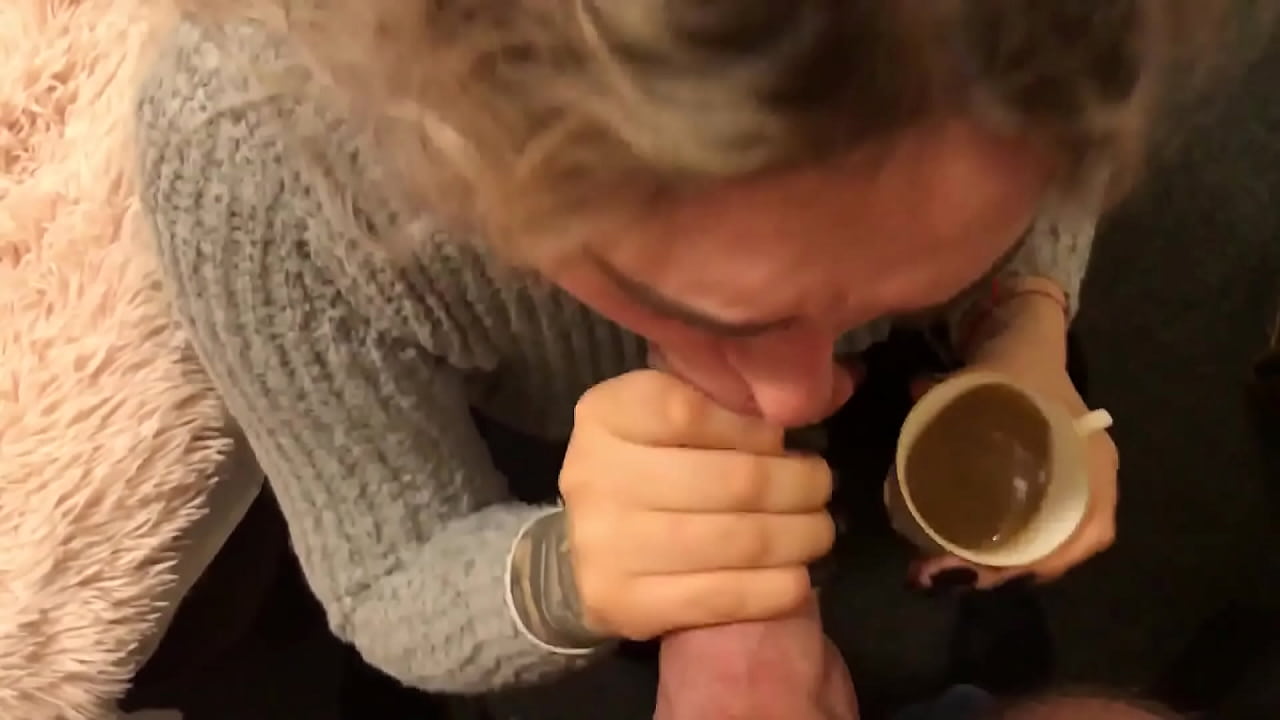 Blonde cocksucker gets face fucked and then drinks coffee with cum!