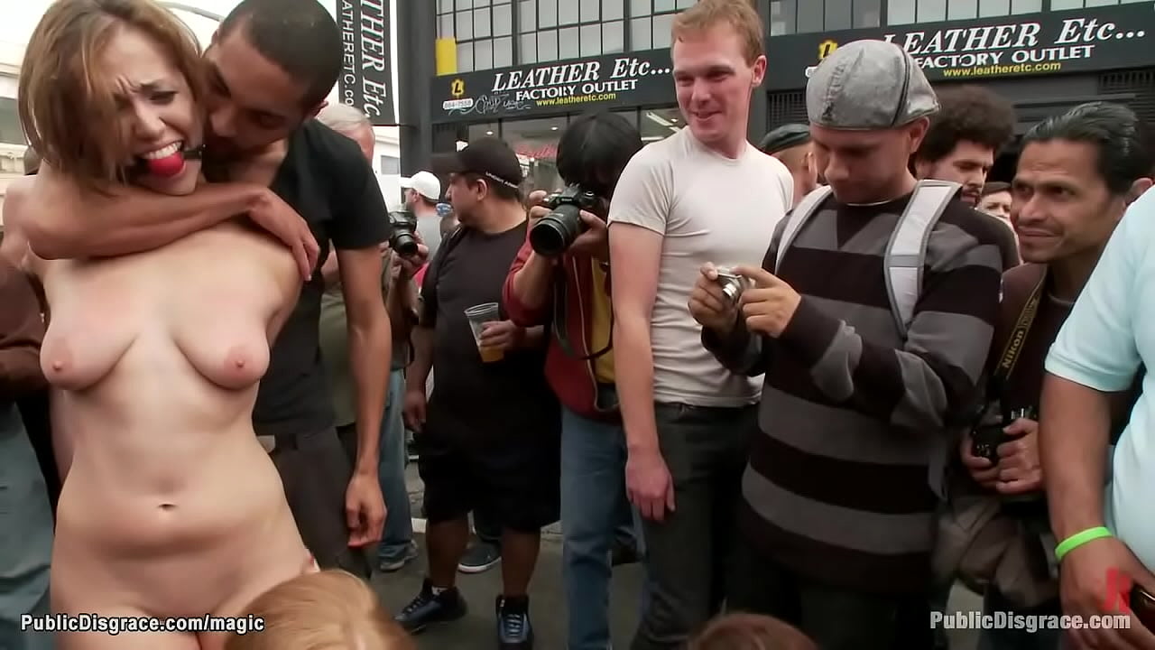 Sexy brunette babe Audrey Rose is gagged and bound and zippered in public at Folsom Street Fair then gang banged in crowded gallery by bbc Mickey Mod and stranger