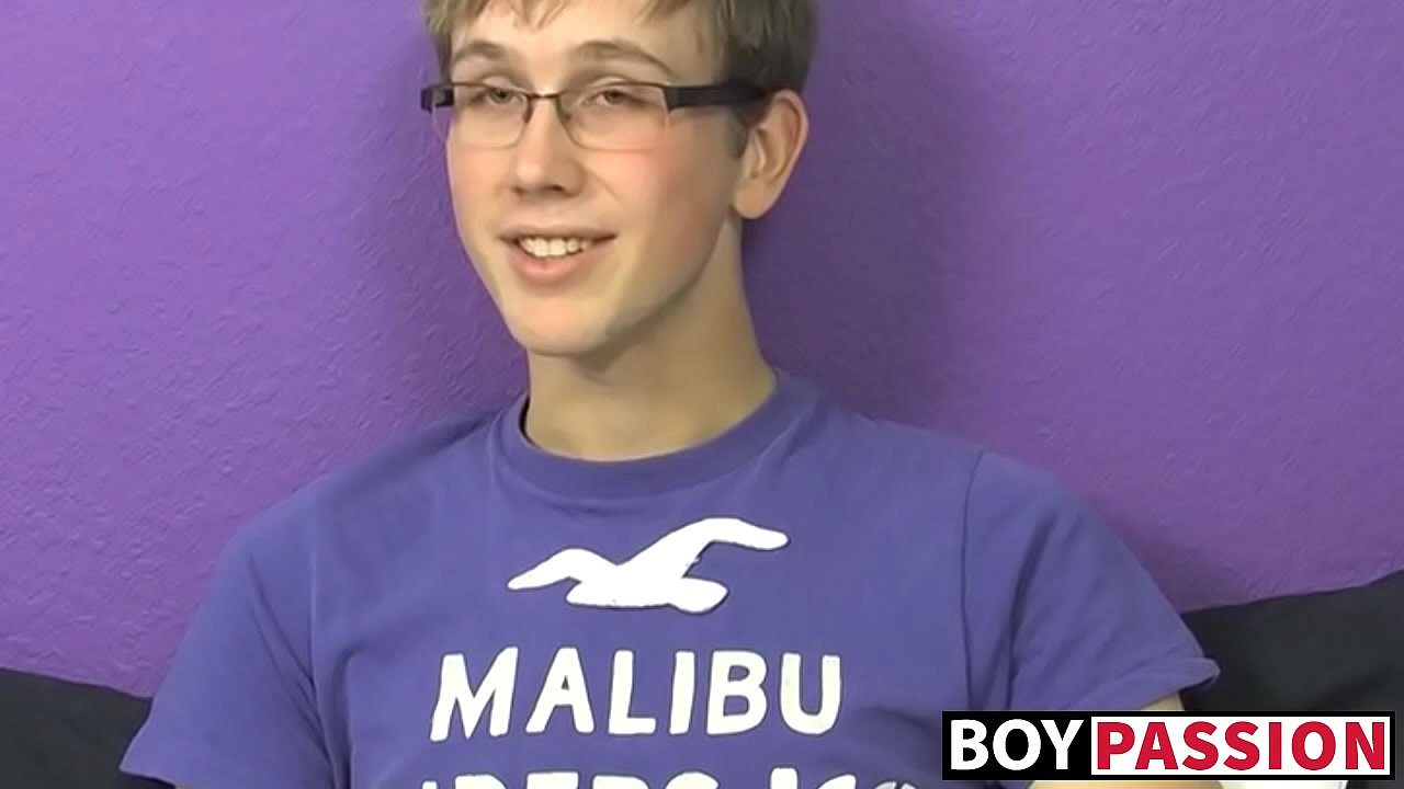 Nerdy twink jerking off after interview