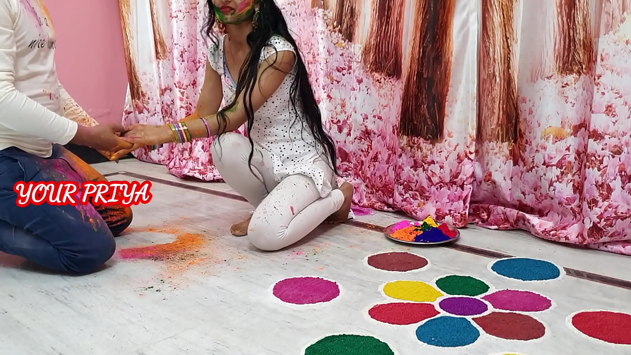 Priya having sex with her step cousin while he playing holi with her with clear hindi voice