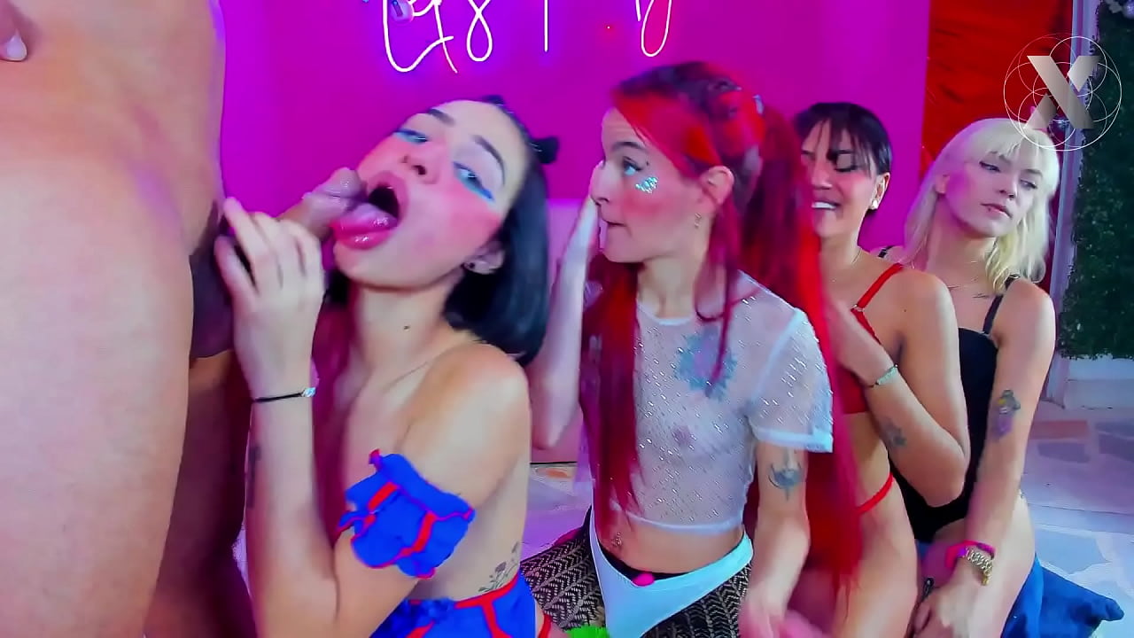 These sluts get horny in this blowjob orgy and slap Jazmin's tits