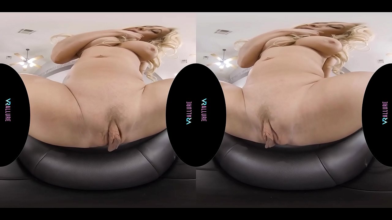 Beautiful busty blonde masturbates with her toy in virtual reality
