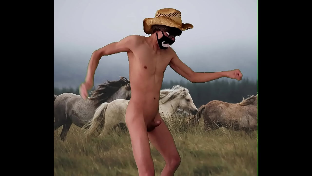 Naked riding an imaginary horse