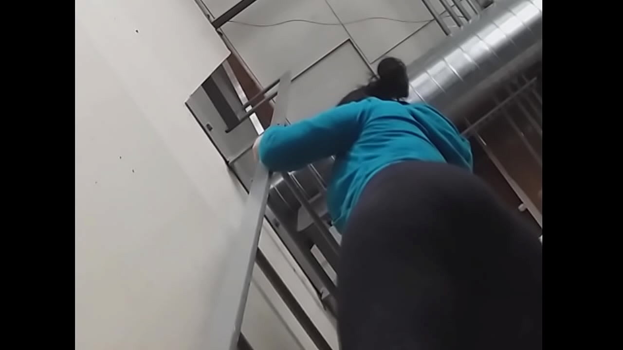 Girl In Tight Leggings Climbs Down Ladder