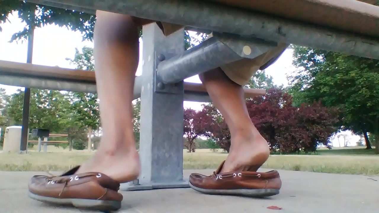 Playing with my brown LL Bean Mocs at a Rest Stop Table, Have a Smoke and Show My Dick