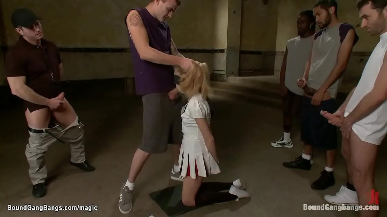 Blonde cheerleader Emma Haize is blindfolded and bound on knees and throat fucked then suspended double penetration interracial fucked by big dicks