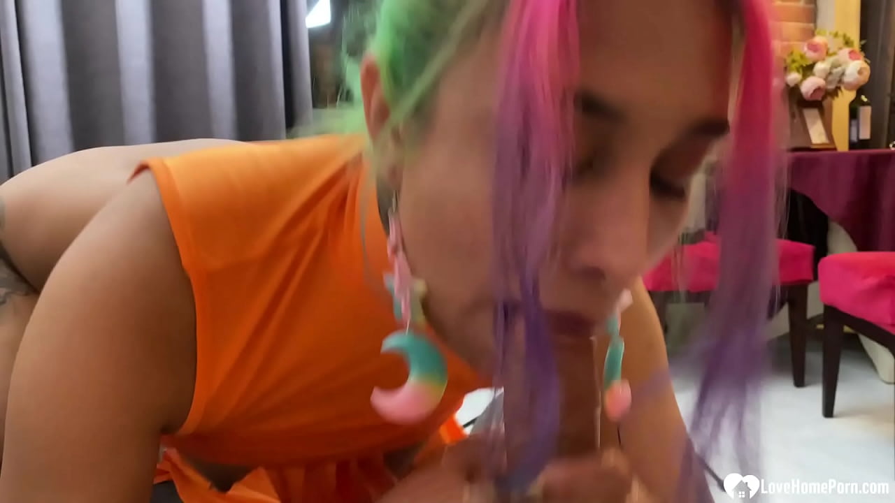 Rainbow headed girl loves sucking my big dick