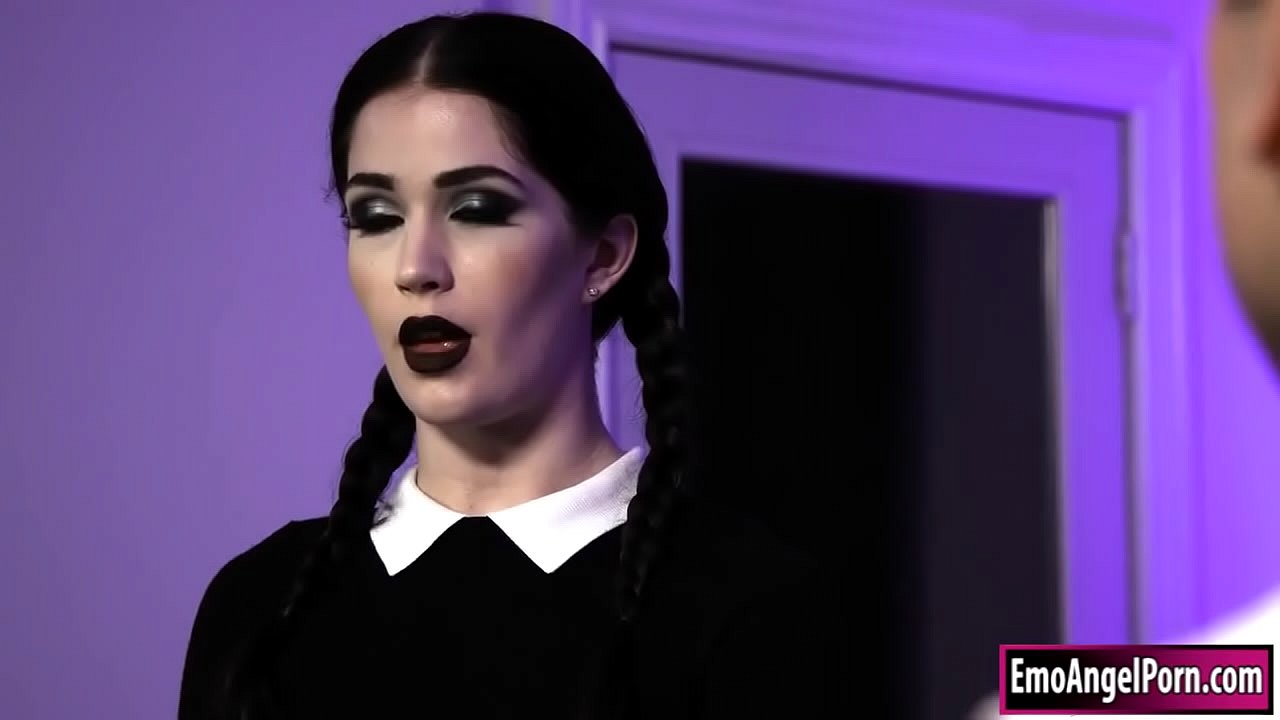 Small tits goth Wednesday Addams is convinced by a tattooed guy to get fucked.He kisses her and makes her deepthroat his big cock.She facesits him and is doggystyled rough.He keeps on banging her