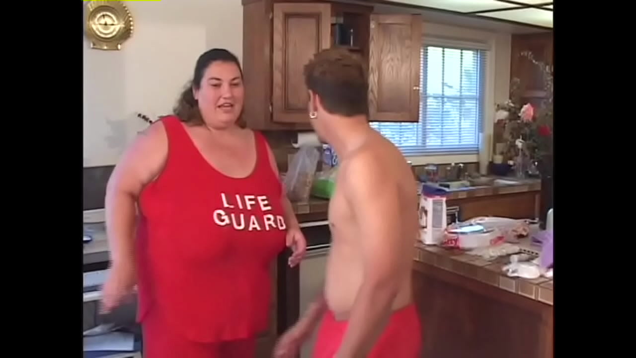 Sexy BBW fucks on a pile of food in the kitchen