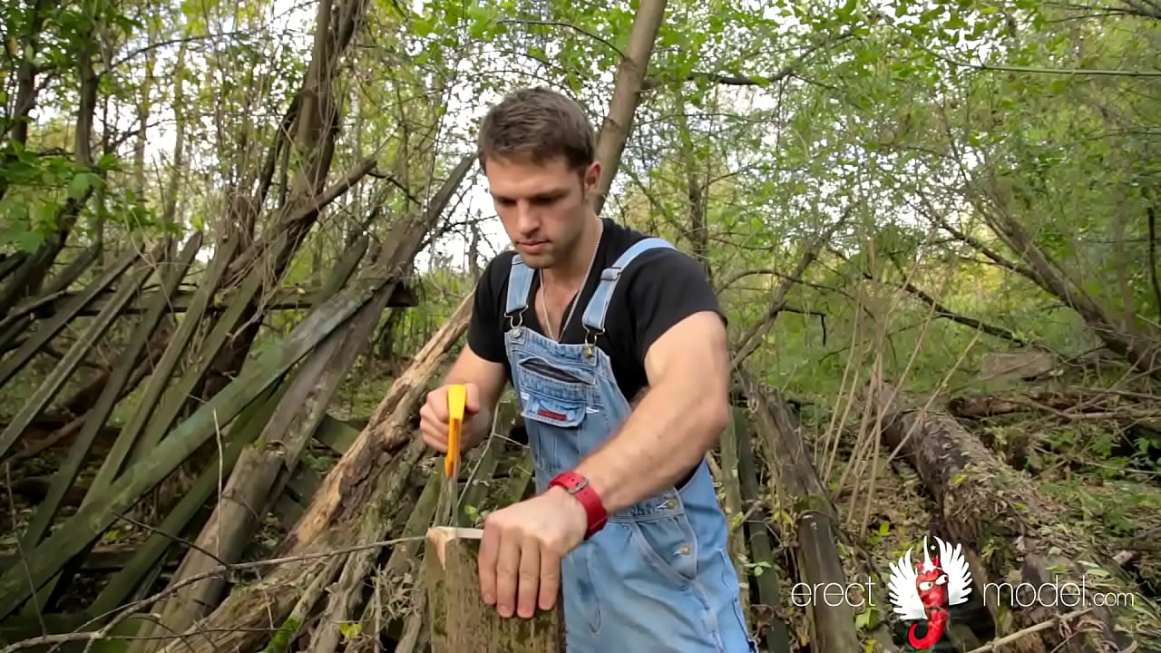 Very hairy gay bear carpenter undresses while working for dick masturbation