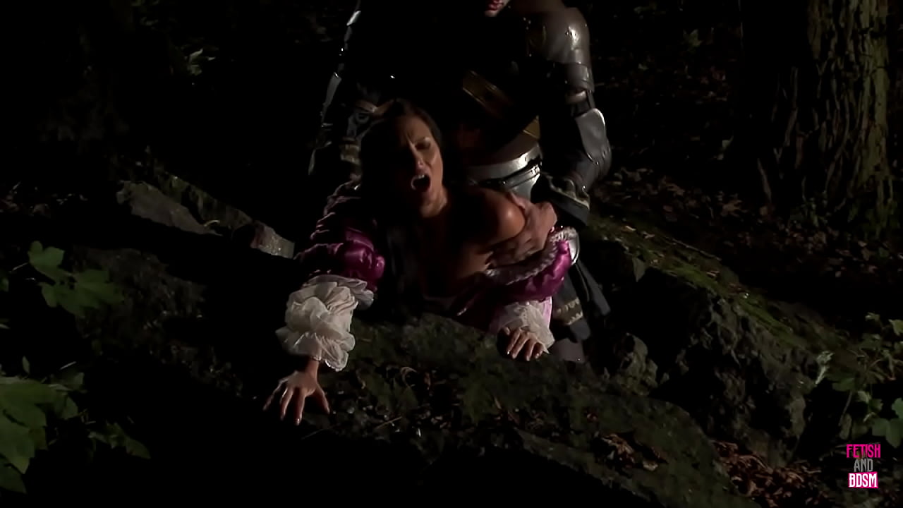 A knight engages in sexual intercourse with an attractive woman with dark hair in an outdoor setting, using the doggy and cowgirl positions throughout the whole night