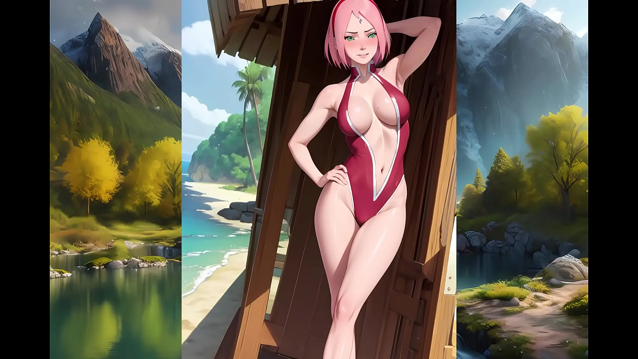 Sakura do anime naruto mostrando mais do que devia, bikini, praia, fio dental