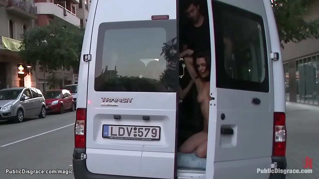 Bound Spanish hottie Samia Duarte walked down the streets in public then in van fucked by big cock master James Deen till at night paraded through crowd