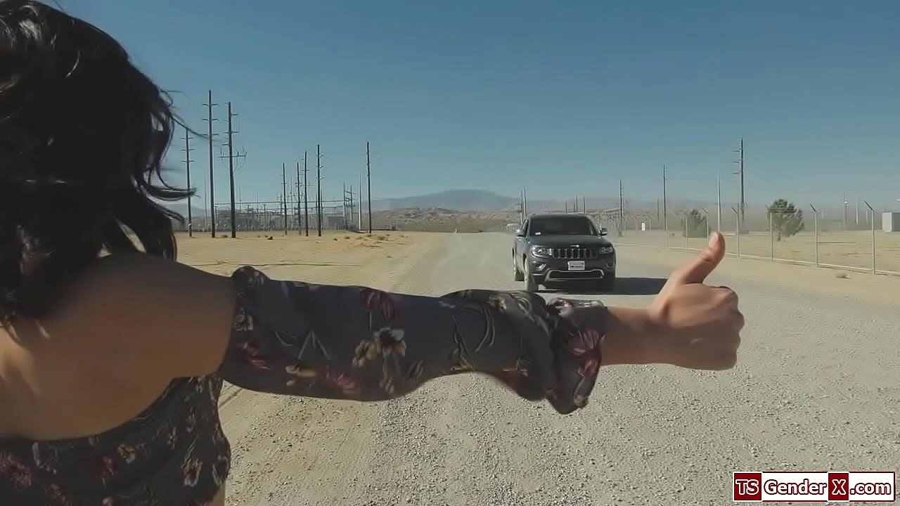 Tgirl Valentina Mia is a hitchhiker and a guy picks her up.The trans thanks him by kissing him and he sucks her tits.He asslicks her and barebacks her