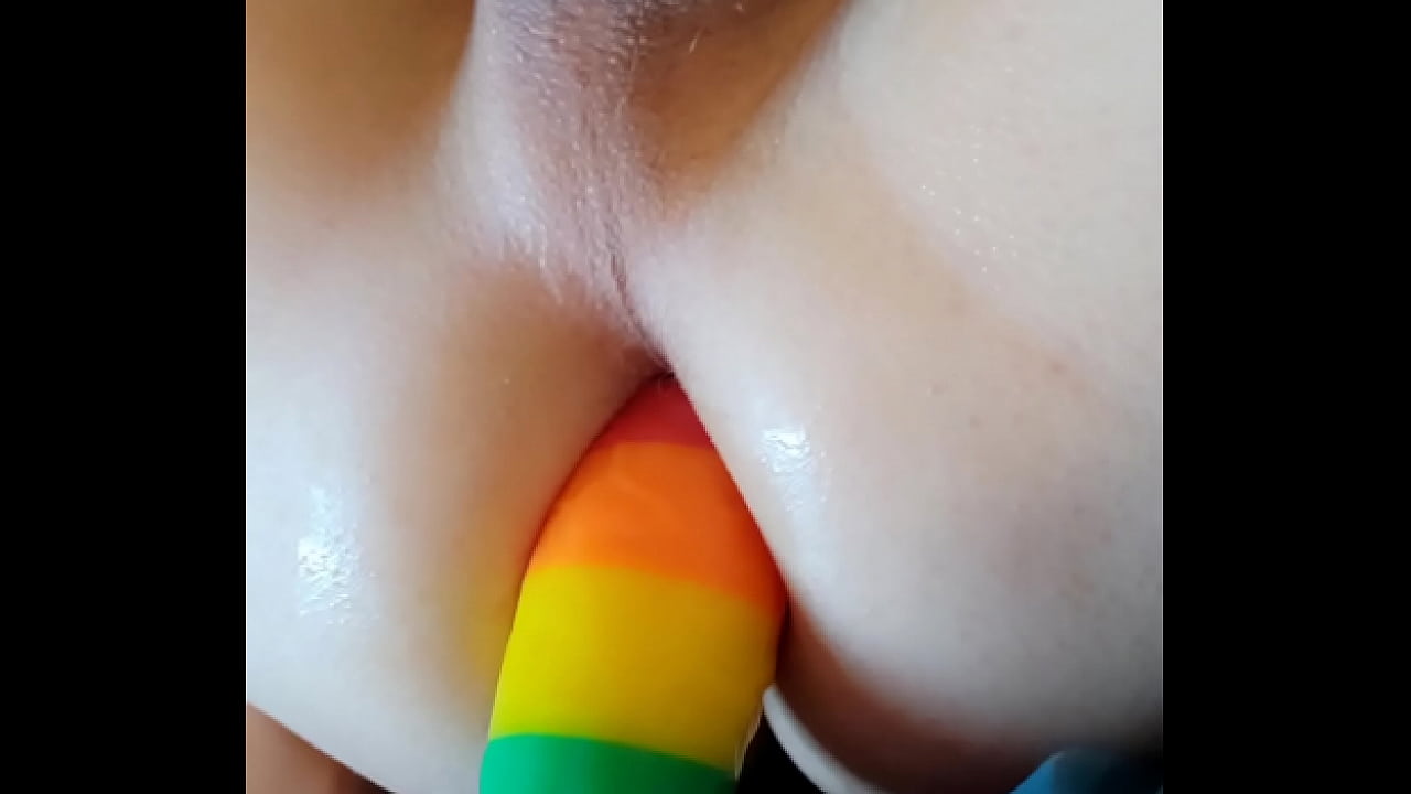 Rainbow toy slide inside femboy