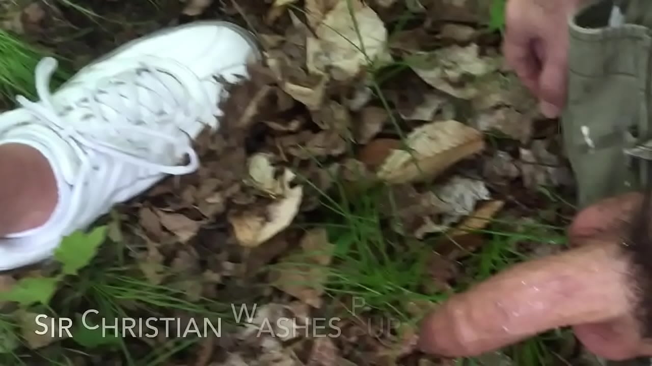 Sir Christian gives pup Balto some piss public exposure in the woods